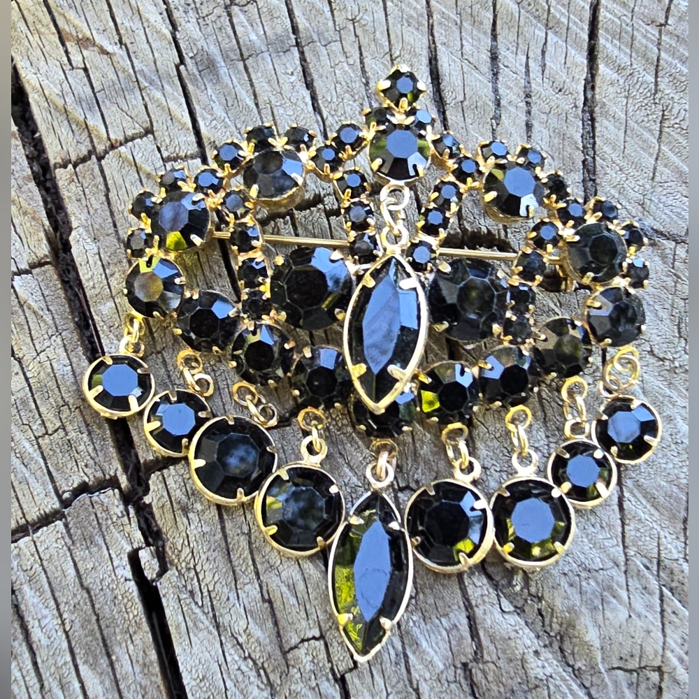 Black Rhinestone Dangle Mourning Brooch